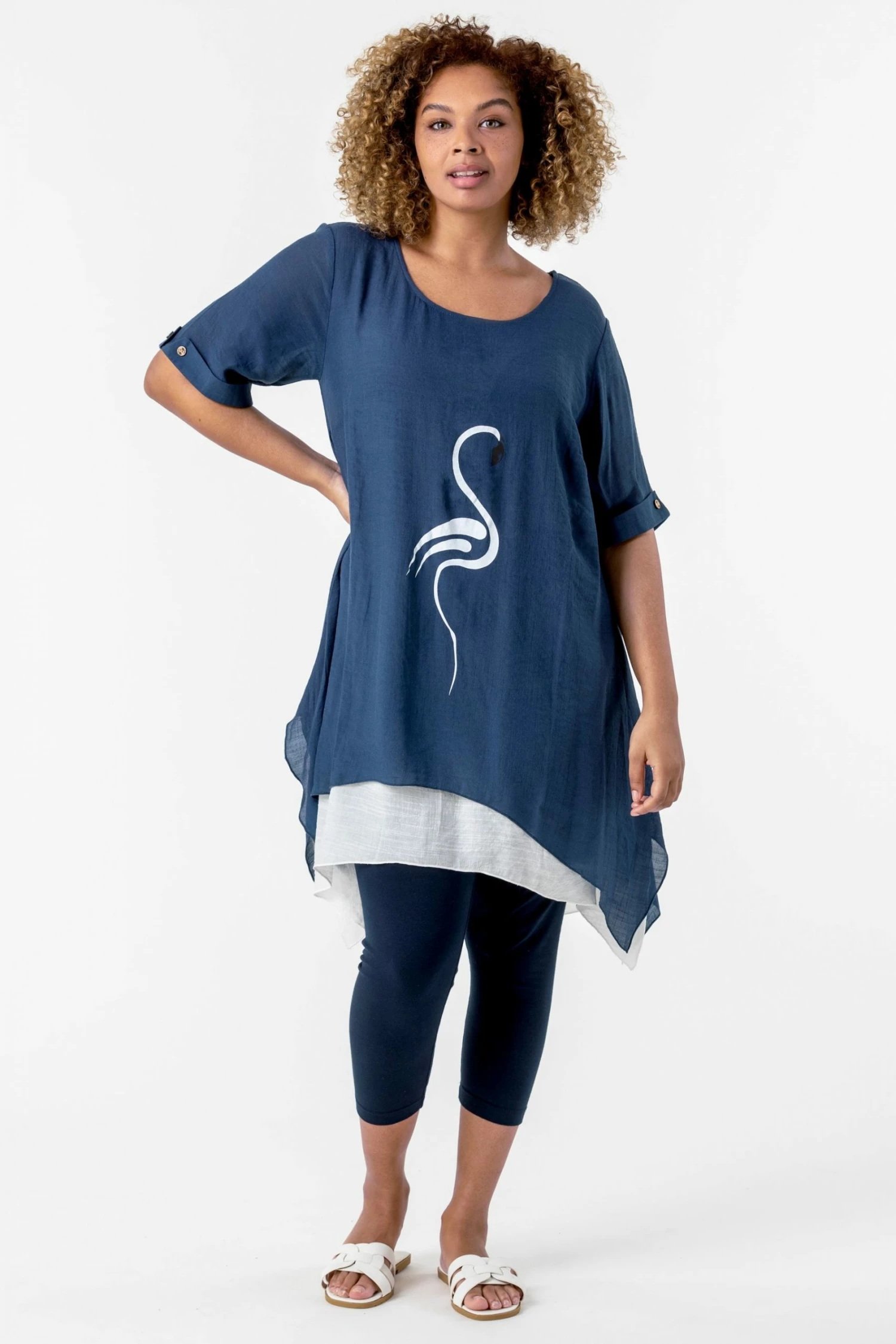 Roman Blue Curve Flamingo Print Asymmetric Tunic Top 5 Roman Blue Curve Flamingo Print Asymmetric Tunic Top - Image 3