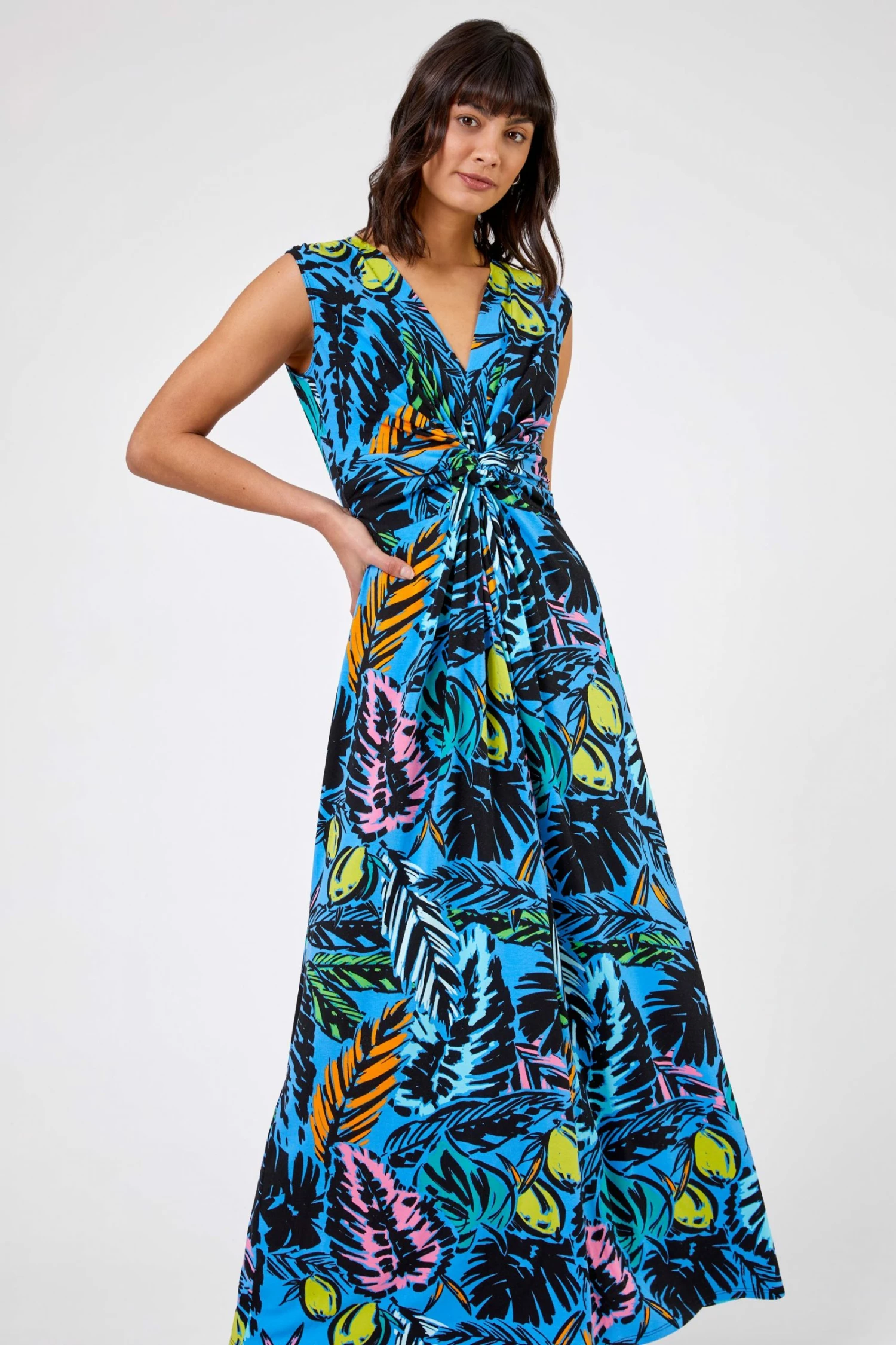 Roman Blue Palm Print Twist Waist Maxi Dress 3 Roman Blue Palm Print Twist Waist Maxi Dress