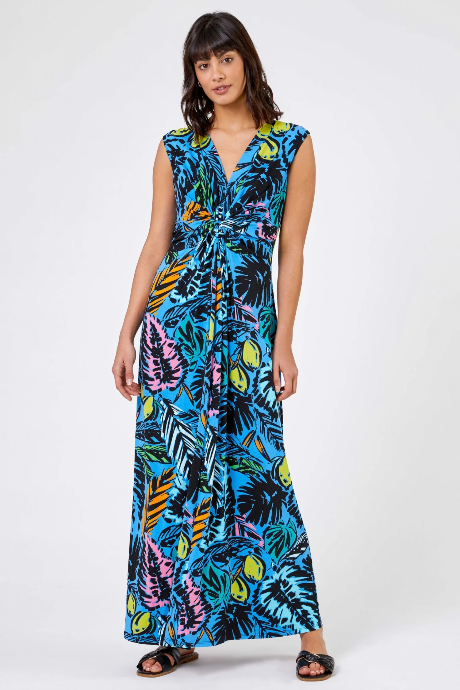 Roman Blue Palm Print Twist Waist Maxi Dress 4 Roman Blue Palm Print Twist Waist Maxi Dress - Image 2