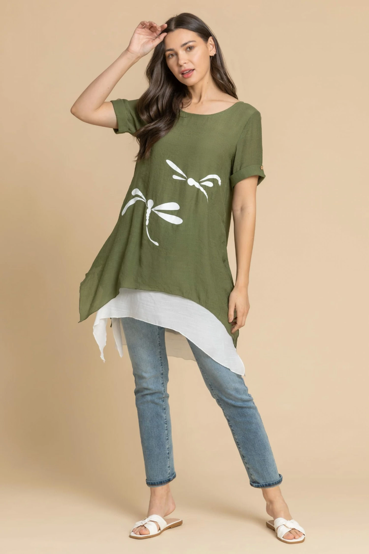 Roman Green Dragonfly Print Asymmetric Tunic Top 5 Roman Green Dragonfly Print Asymmetric Tunic Top - Image 3