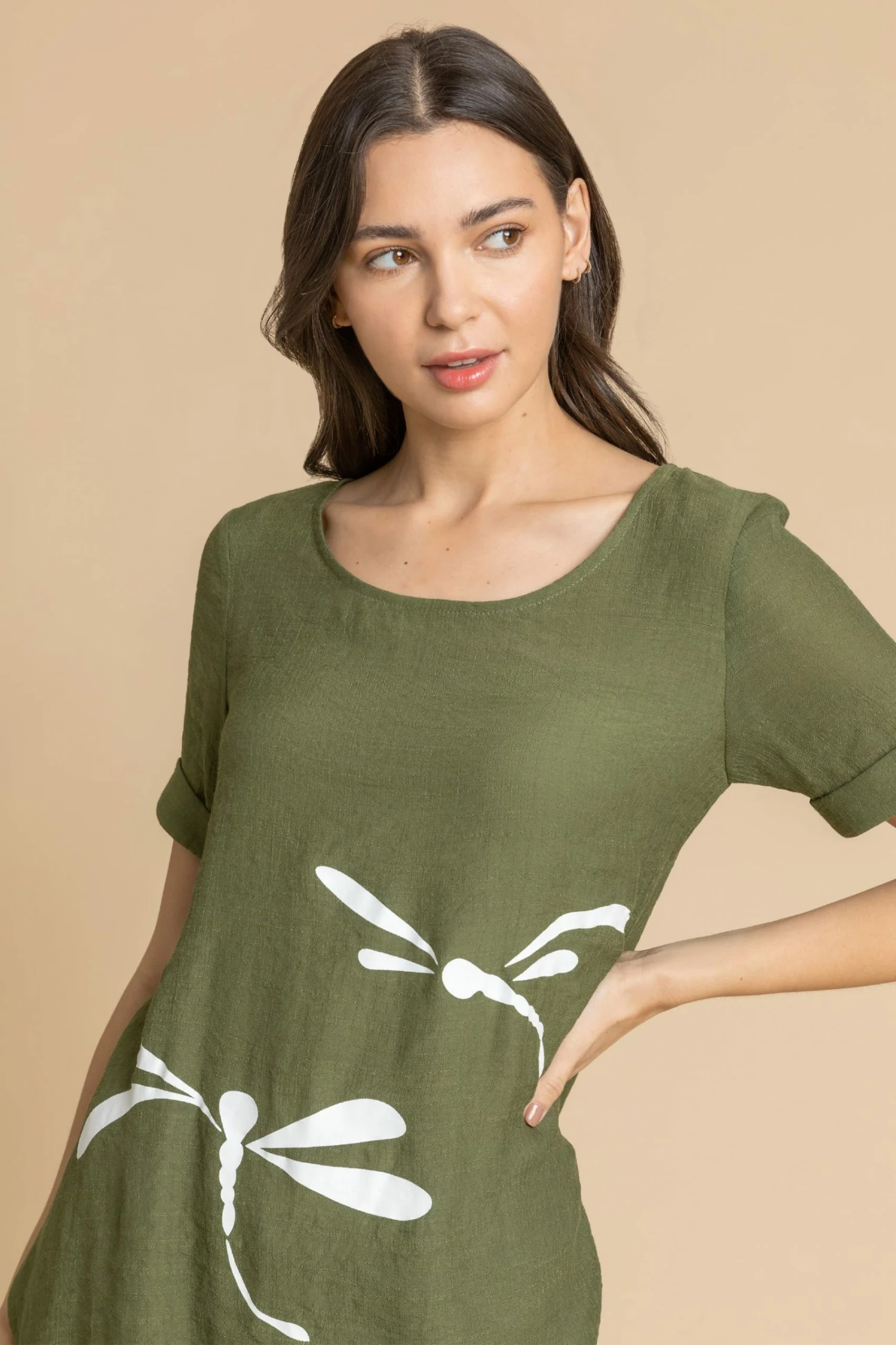 Roman Green Dragonfly Print Asymmetric Tunic Top 6 Roman Green Dragonfly Print Asymmetric Tunic Top - Image 4