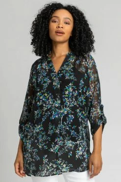 Roman Black Petite Floral Print Button Detail Tunic Top
