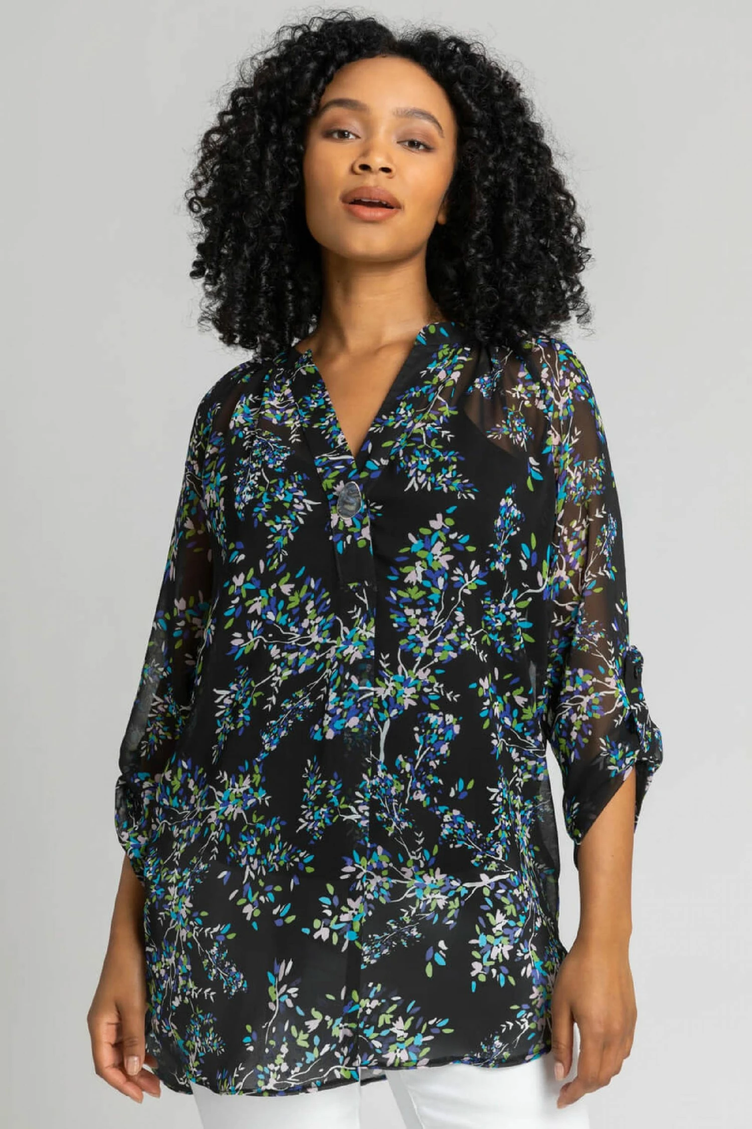 Roman Black Petite Floral Print Button Detail Tunic Top 3 Roman Black Petite Floral Print Button Detail Tunic Top