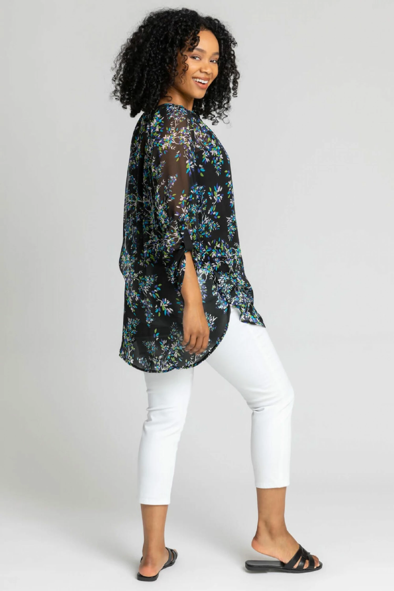 Roman Black Petite Floral Print Button Detail Tunic Top 4 Roman Black Petite Floral Print Button Detail Tunic Top - Image 2