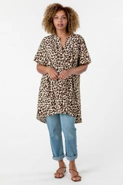 Roman Brown Curve Animal Print Tunic Top