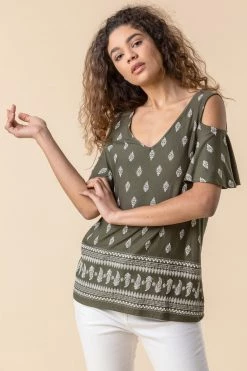 Roman Khaki Paisley Print Cold Shoulder Top