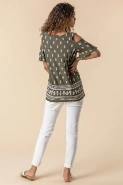 Roman Khaki Paisley Print Cold Shoulder Top -Roman Sales Shop unnamed file 8038
