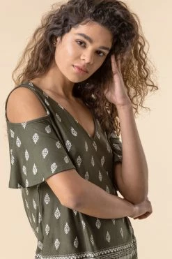Roman Khaki Paisley Print Cold Shoulder Top -Roman Sales Shop unnamed file 8040