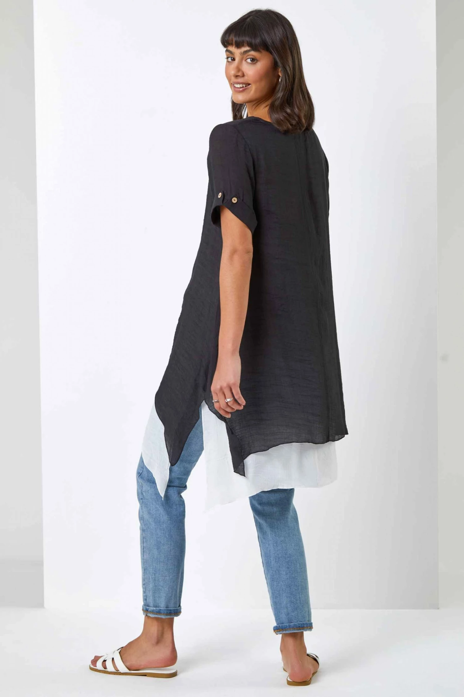 Roman Black Floral Print Asymmetric Tunic Top 4 Roman Black Floral Print Asymmetric Tunic Top - Image 2