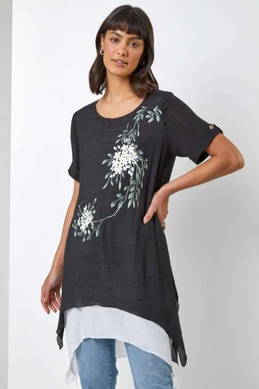 Roman Black Floral Print Asymmetric Tunic Top 7 Roman Black Floral Print Asymmetric Tunic Top - Image 5