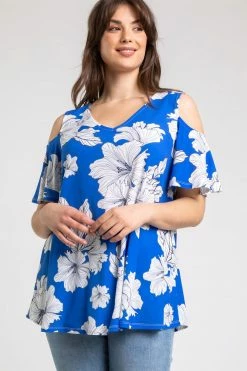 Roman Blue Curve Floral Print Cold Shoulder Top