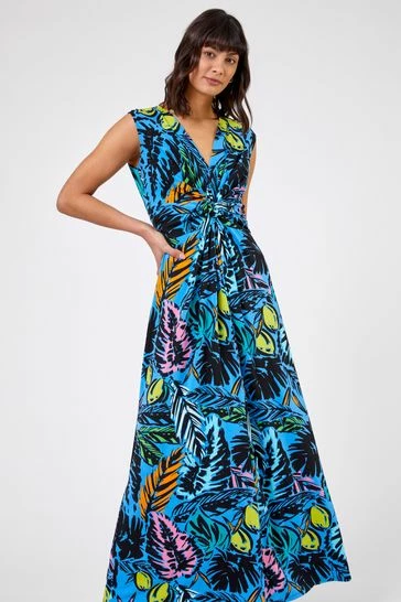 Roman Blue Palm Print Twist Waist Maxi Dress 7 Roman Blue Palm Print Twist Waist Maxi Dress - Image 5