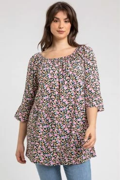 Roman Pink Curve Spot Print Pleat Front Top