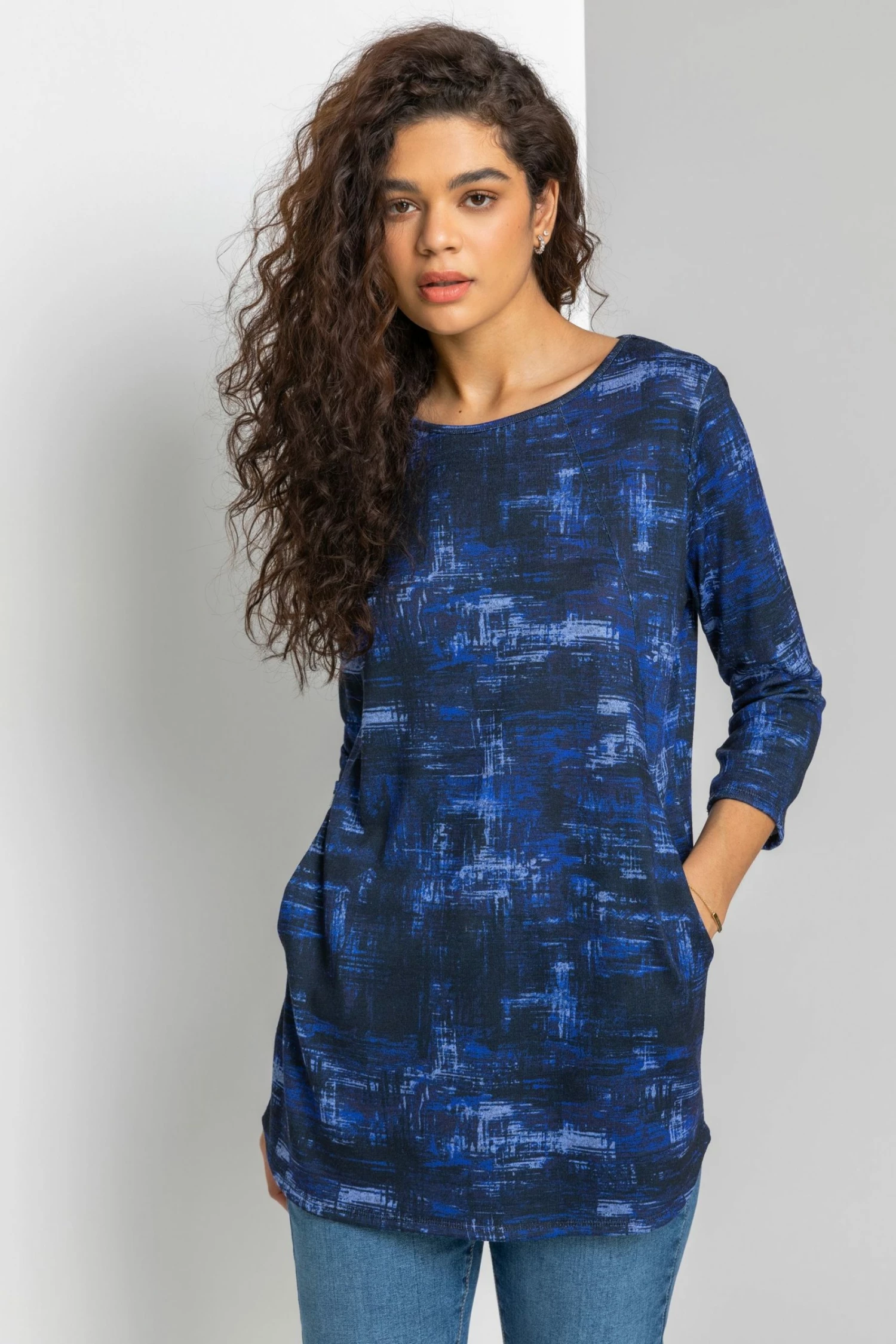 Roman Midnight Blue Abstract Print Pocket Tunic Top 3 Roman Midnight Blue Abstract Print Pocket Tunic Top