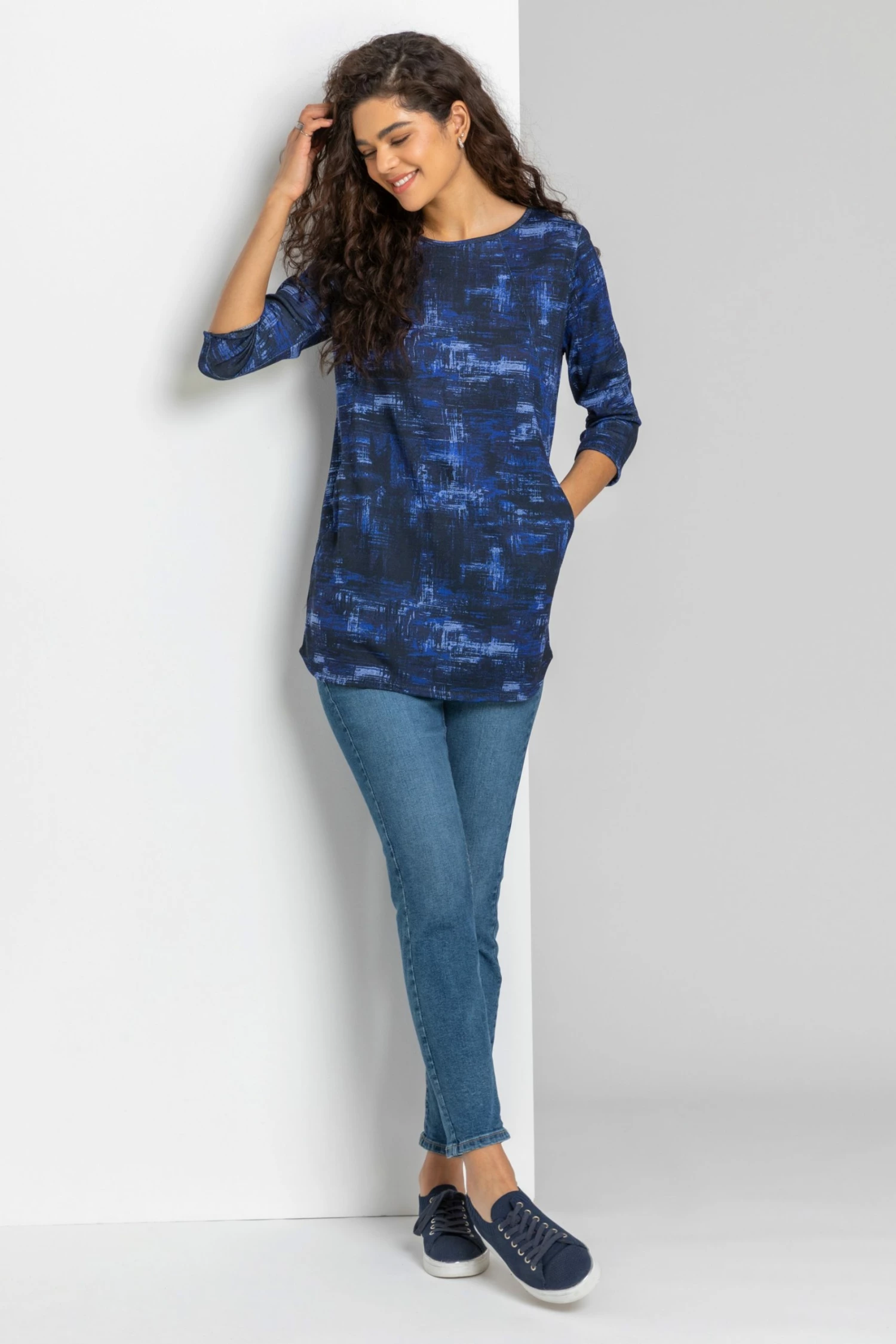 Roman Midnight Blue Abstract Print Pocket Tunic Top 5 Roman Midnight Blue Abstract Print Pocket Tunic Top - Image 3