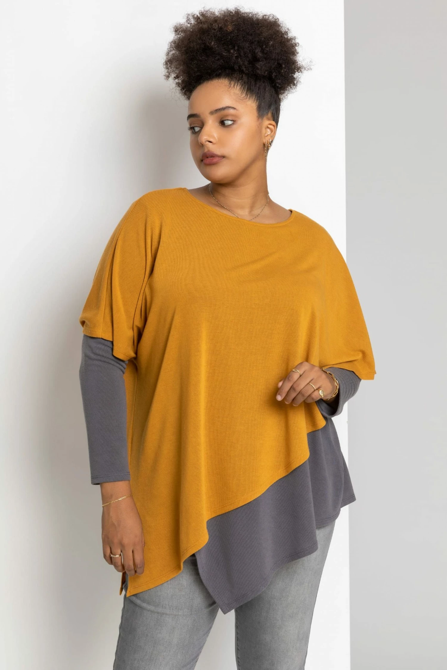 Roman Yellow Curve Colourblock Asymmetric Snood Top 3 Roman Yellow Curve Colourblock Asymmetric Snood Top