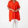 Roman Orange Curve Pleat Detail Tunic Top