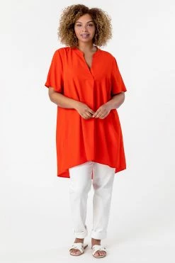 Roman Orange Curve Pleat Detail Tunic Top