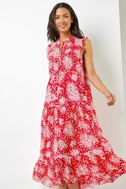 Roman Red Ditsy Floral Print Frill Detail Maxi Dress
