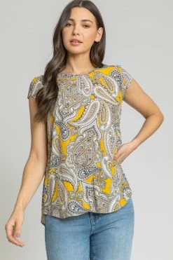 Roman Yellow Paisley Print Zip Back Top
