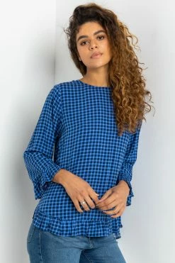 Roman Blue Gingham Printed Frill Hem Top