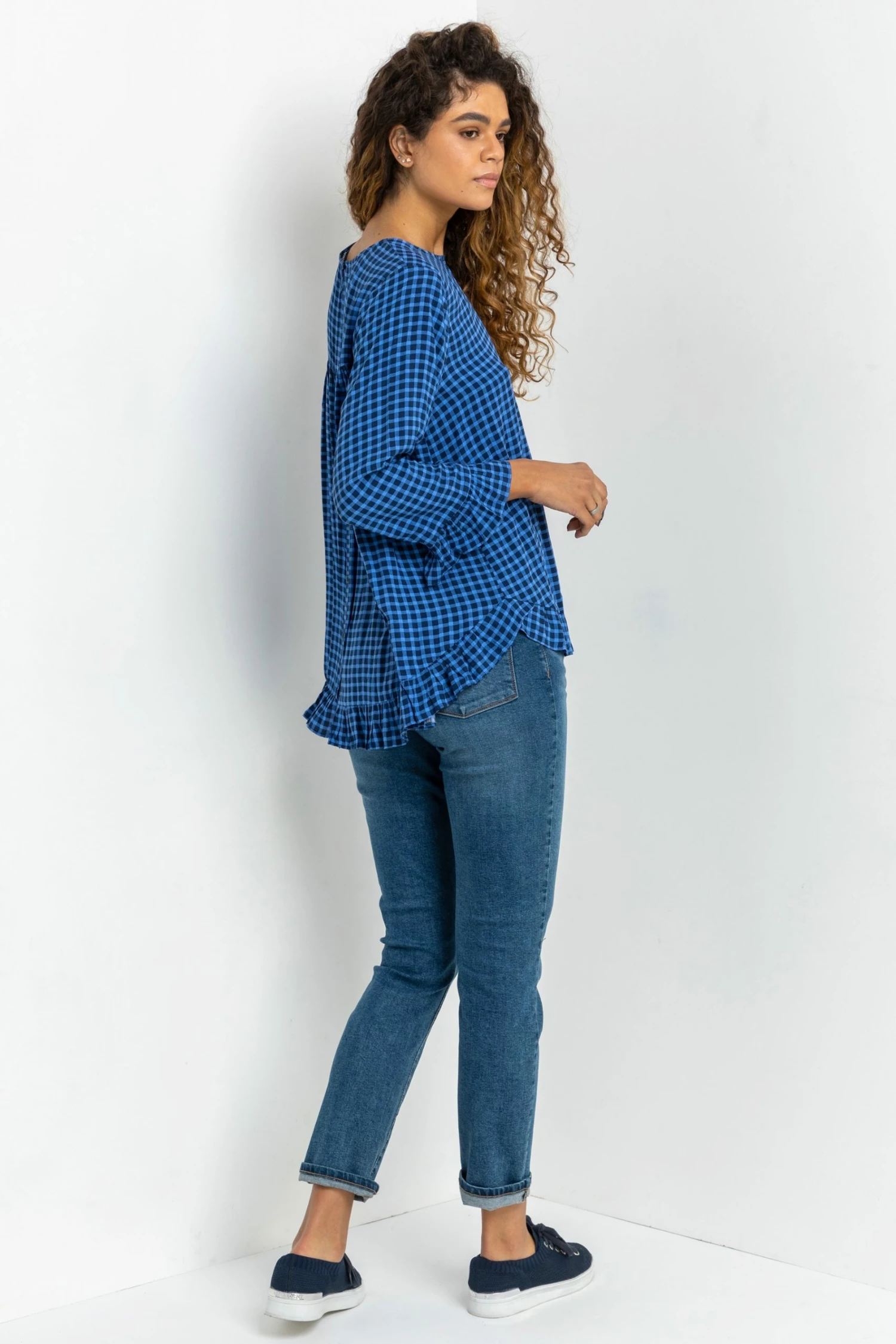 Roman Blue Gingham Printed Frill Hem Top 4 Roman Blue Gingham Printed Frill Hem Top - Image 2