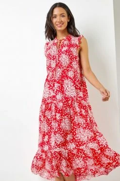Roman Red Ditsy Floral Print Frill Detail Maxi Dress -Roman Sales Shop unnamed file 817
