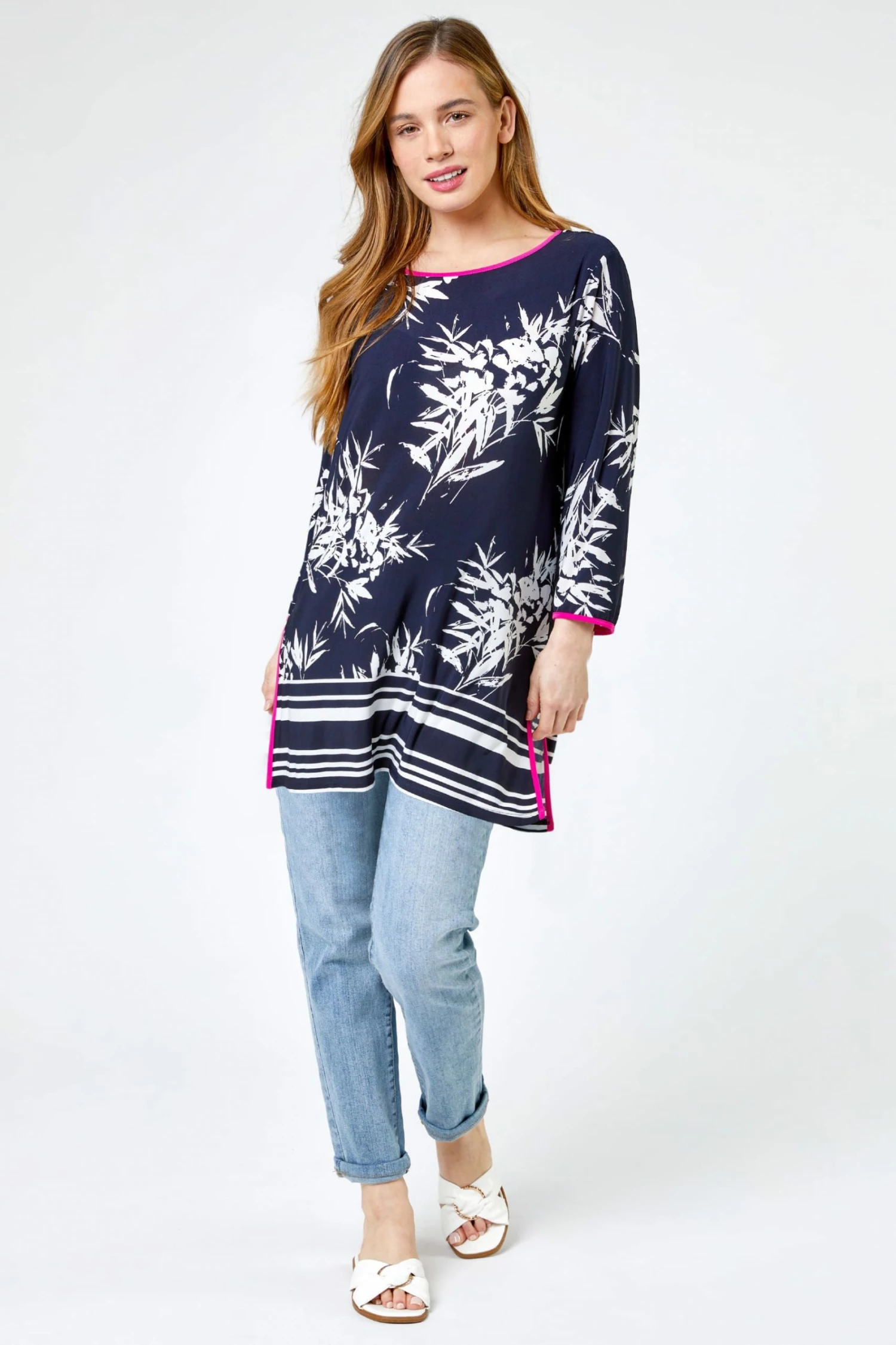 Roman Blue Petite Floral Contrast Trim Tunic Top 4 Roman Blue Petite Floral Contrast Trim Tunic Top - Image 2