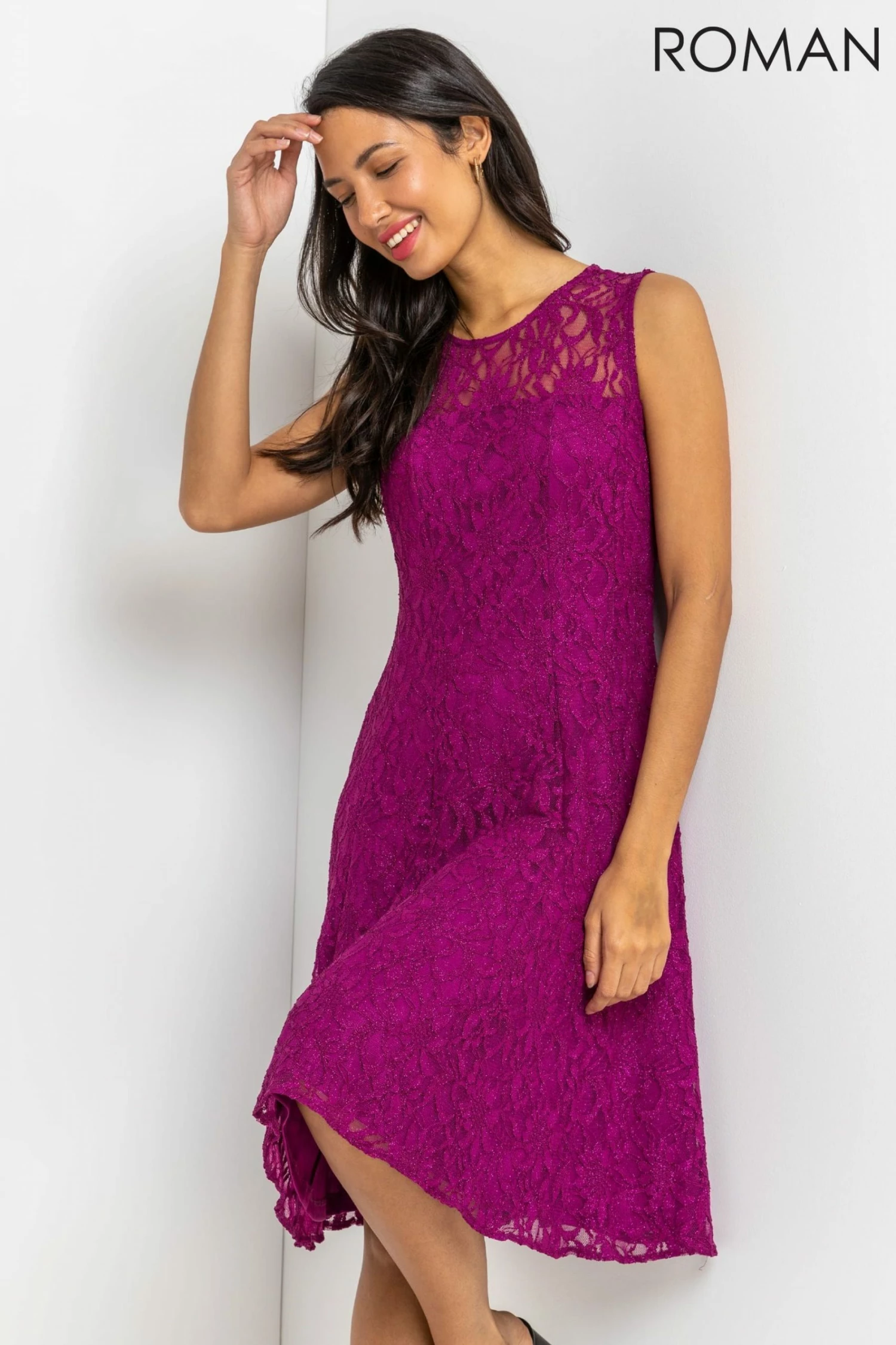 Roman Pink Glitter Lace Fit & Flare Dress 3 Roman Pink Glitter Lace Fit & Flare Dress