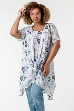 Roman Blue Curve Floral Print Crinkle Tunic Top