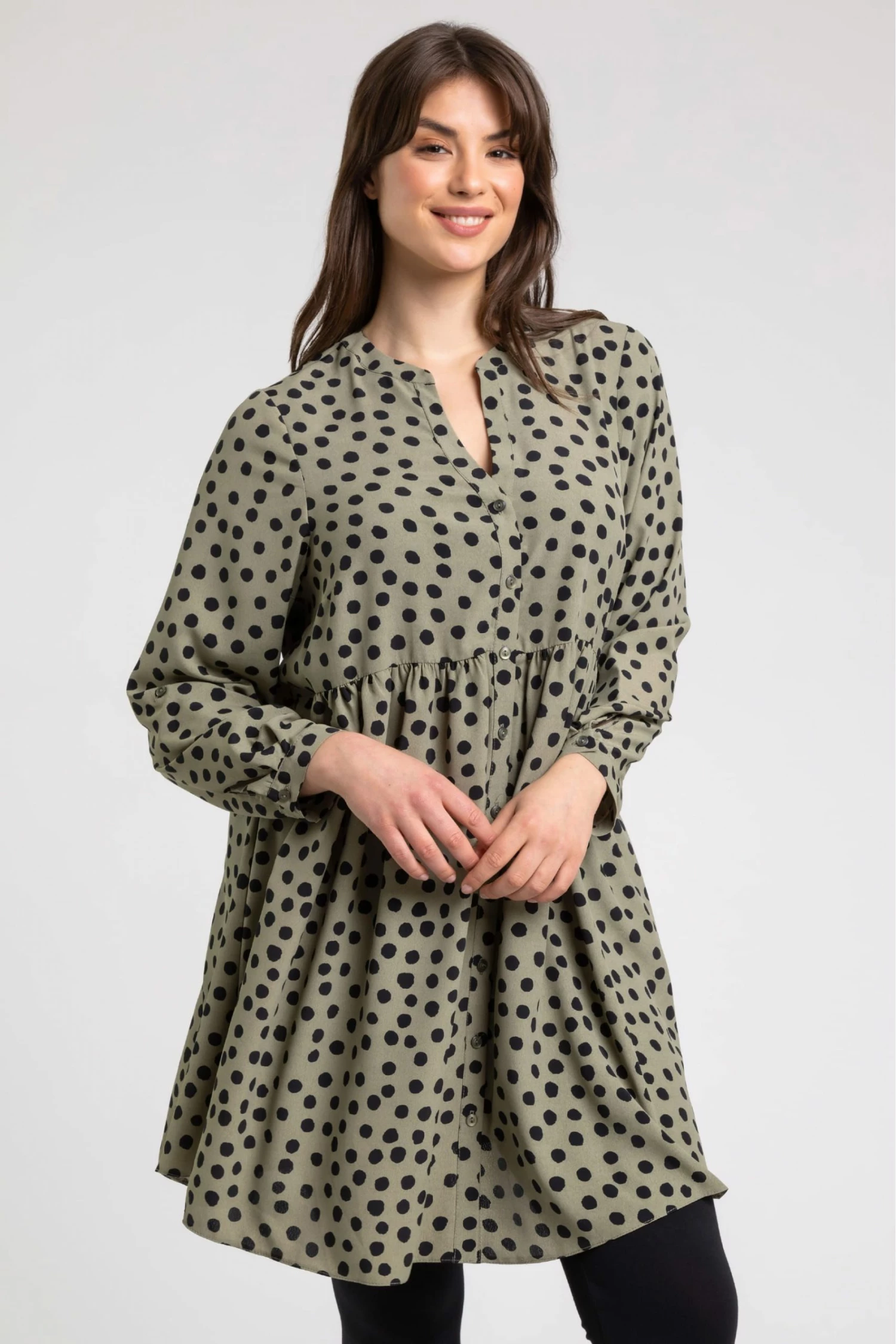 Roman Green Curve Spot Print Button Through Tunic 3 Roman Green Curve Spot Print Button Through Tunic