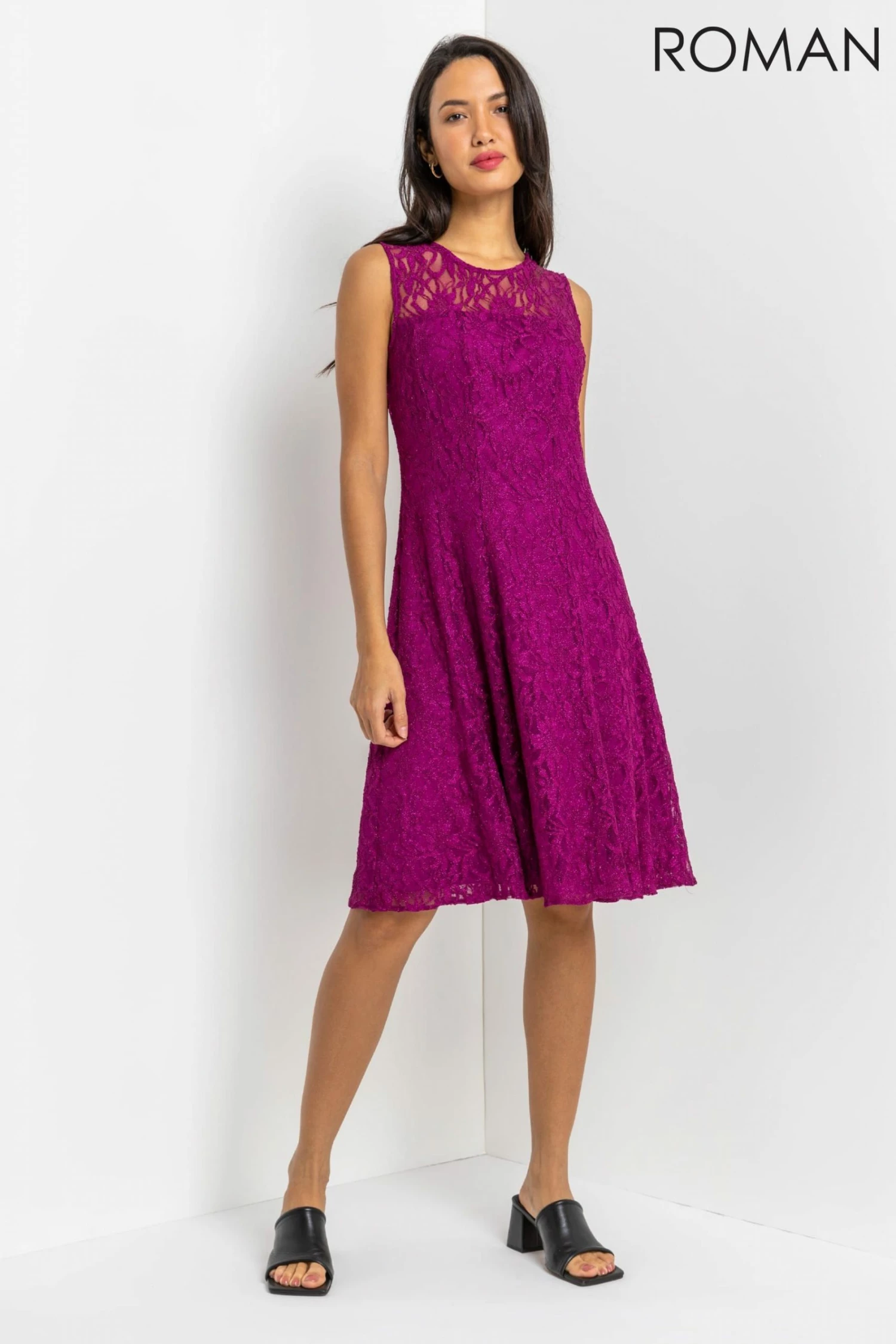 Roman Pink Glitter Lace Fit & Flare Dress 5 Roman Pink Glitter Lace Fit & Flare Dress - Image 3