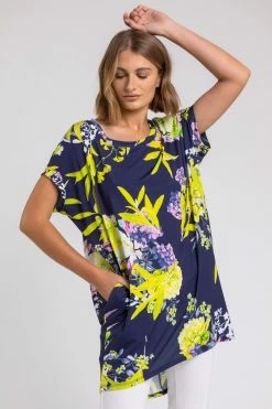 Roman Yellow Floral Print Pocket Tunic Top
