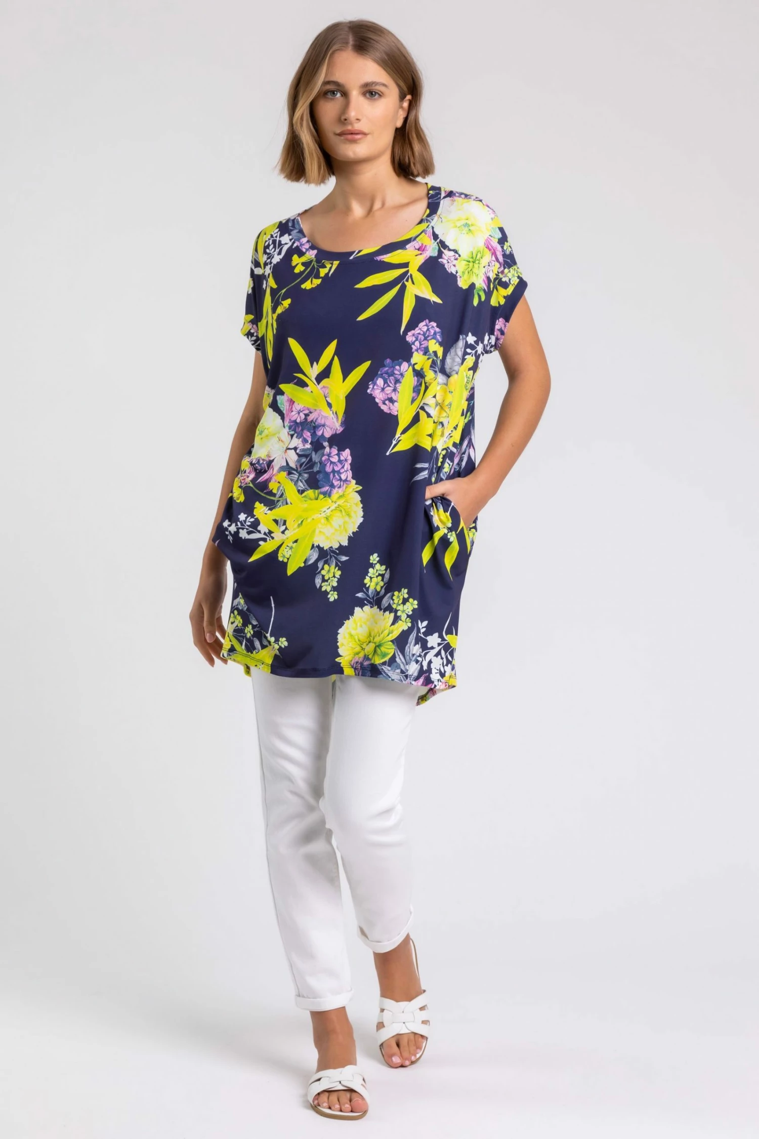 Roman Yellow Floral Print Pocket Tunic Top 4 Roman Yellow Floral Print Pocket Tunic Top - Image 2