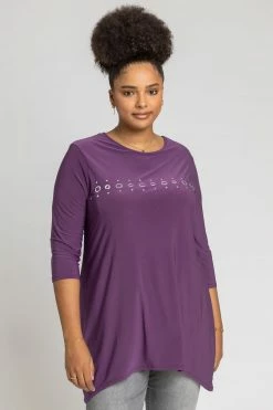 Roman Purple Curve Eyelet Embellished Tunic Top