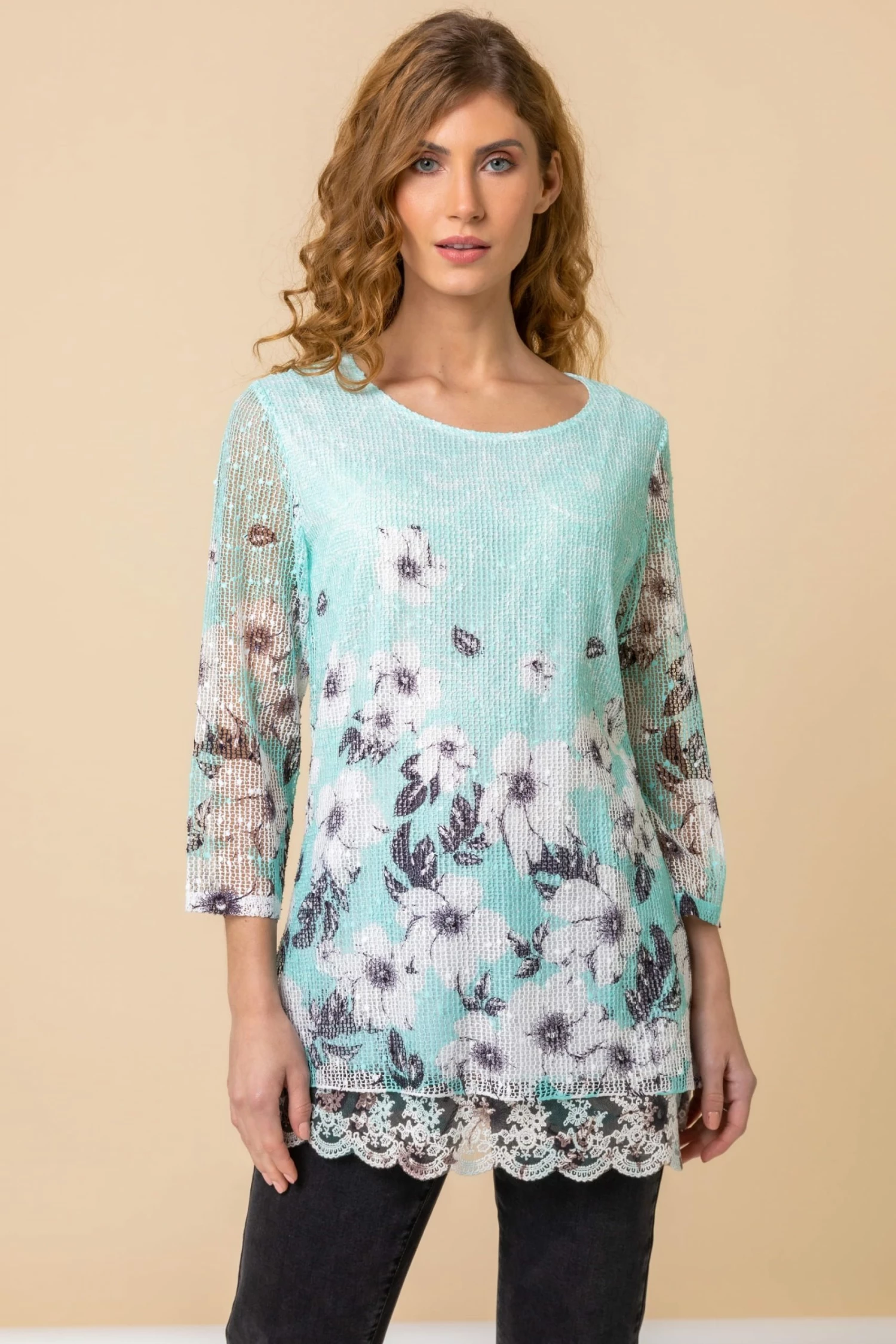 Roman Green Lace Trim Overlay Floral Print Top 3 Roman Green Lace Trim Overlay Floral Print Top
