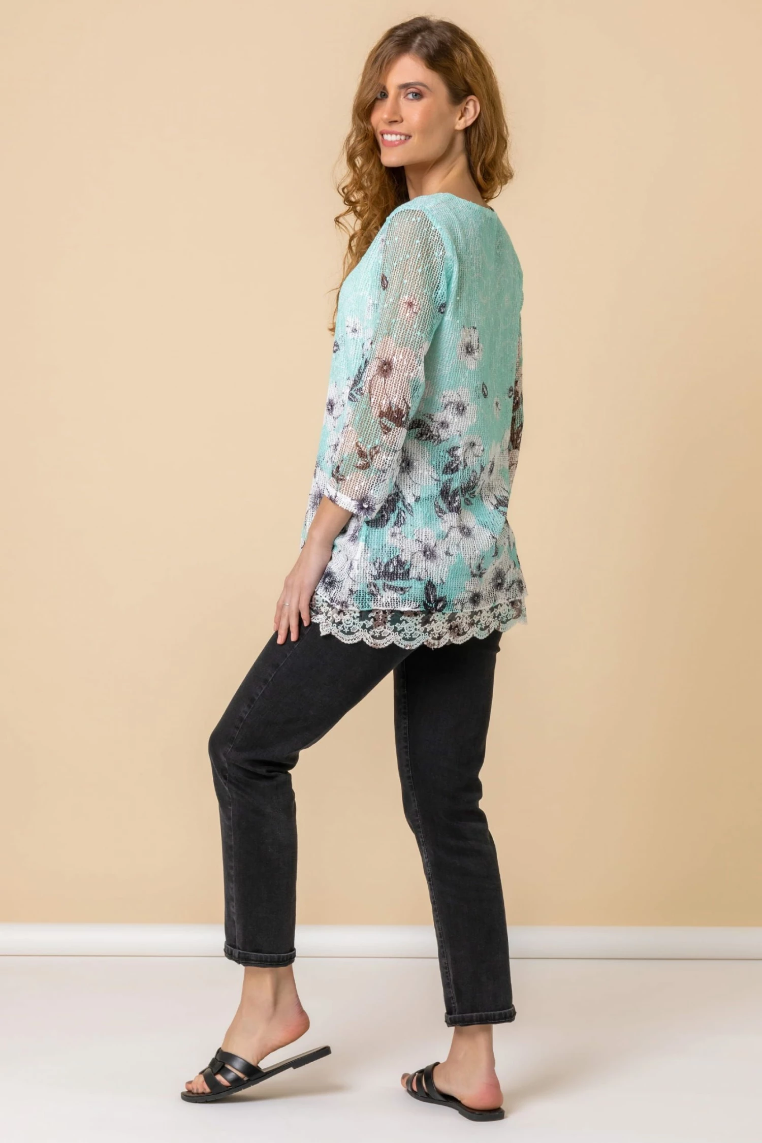 Roman Green Lace Trim Overlay Floral Print Top 4 Roman Green Lace Trim Overlay Floral Print Top - Image 2