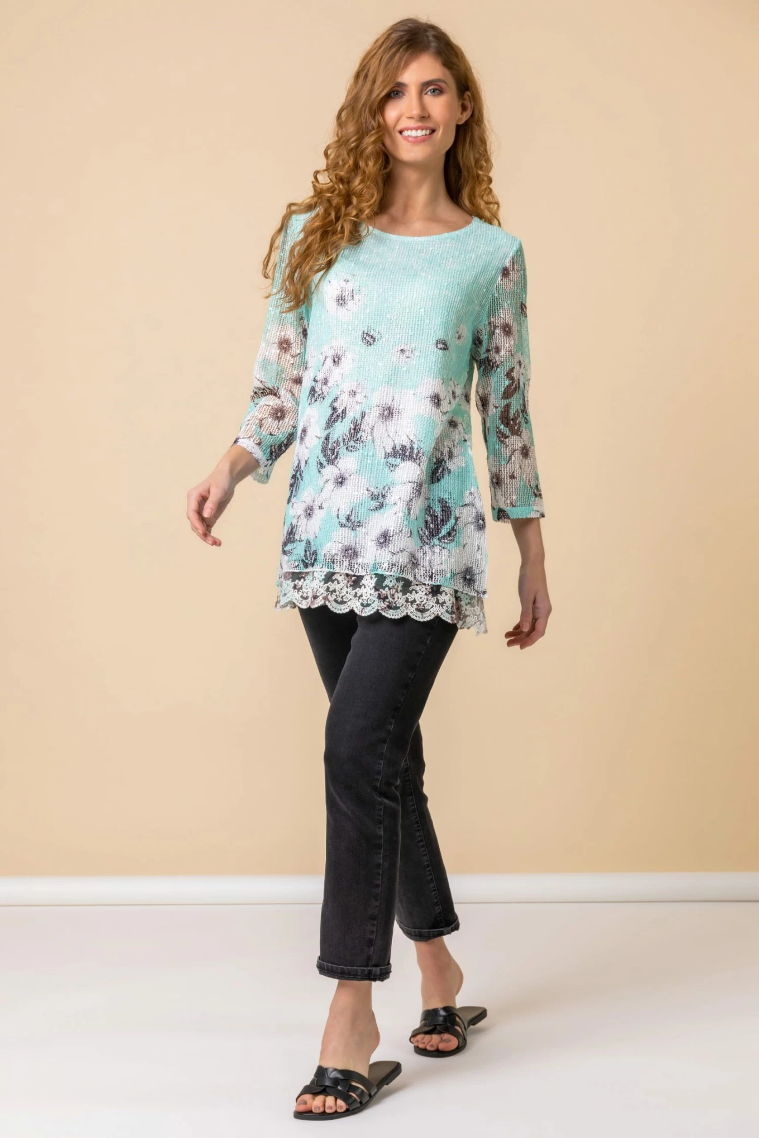 Roman Green Lace Trim Overlay Floral Print Top 5 Roman Green Lace Trim Overlay Floral Print Top - Image 3