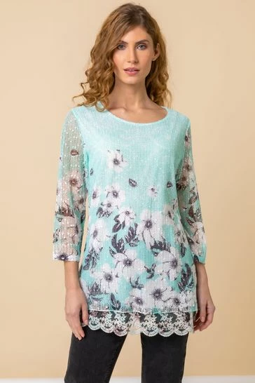 Roman Green Lace Trim Overlay Floral Print Top 7 Roman Green Lace Trim Overlay Floral Print Top - Image 5