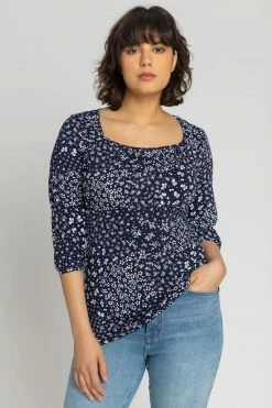 Roman Blue Ditsy Floral Print Gathered Top