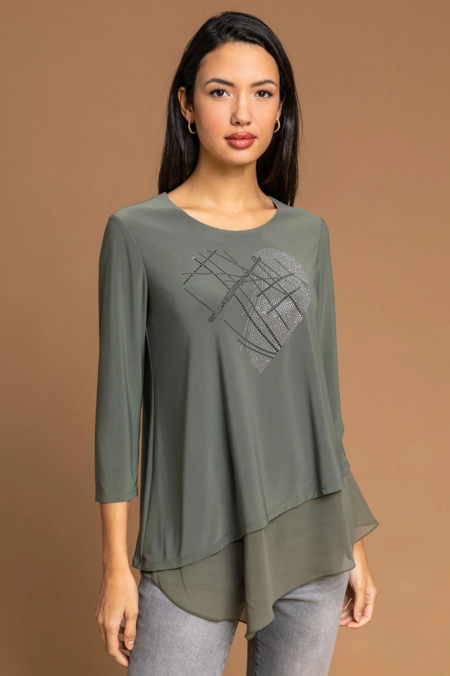 Roman Khaki Embellished Heart Asymmetric Top 3 Roman Khaki Embellished Heart Asymmetric Top