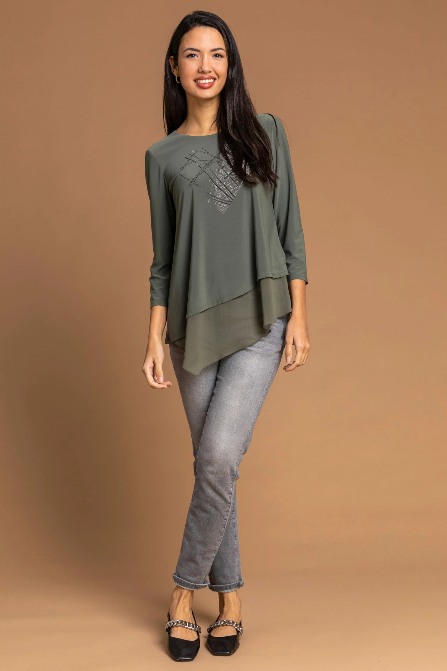 Roman Khaki Embellished Heart Asymmetric Top 5 Roman Khaki Embellished Heart Asymmetric Top - Image 3