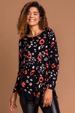 Roman Orange Animal Chiffon Hem Asymmetric Top