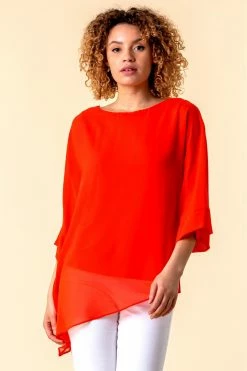 Roman Red Asymmetric Chiffon Overlay Top