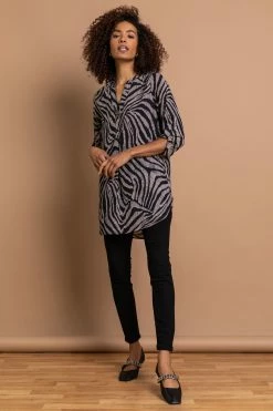 Roman Black Zebra Print Button Tunic Top