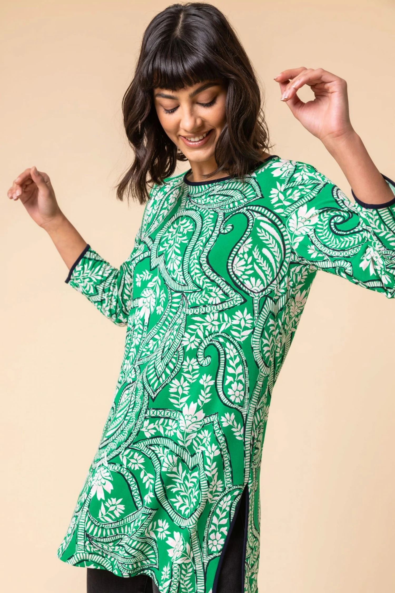 Roman Green Paisley Print Contrast Trim Tunic Top 3 Roman Green Paisley Print Contrast Trim Tunic Top