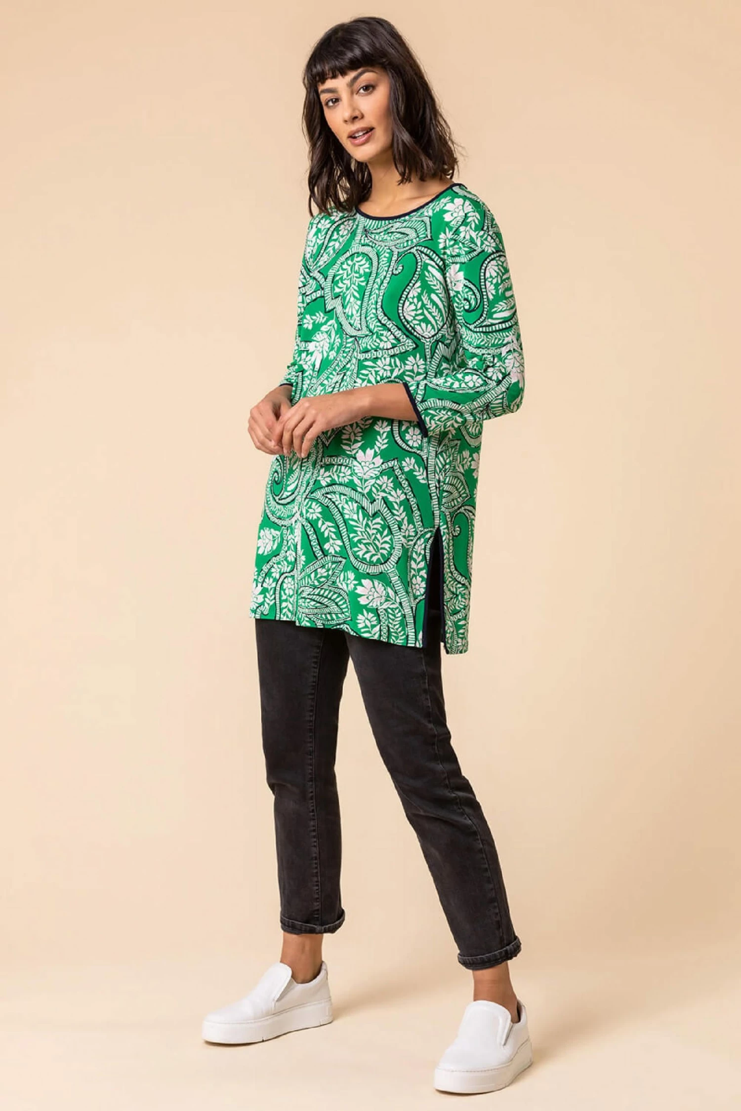 Roman Green Paisley Print Contrast Trim Tunic Top 4 Roman Green Paisley Print Contrast Trim Tunic Top - Image 2