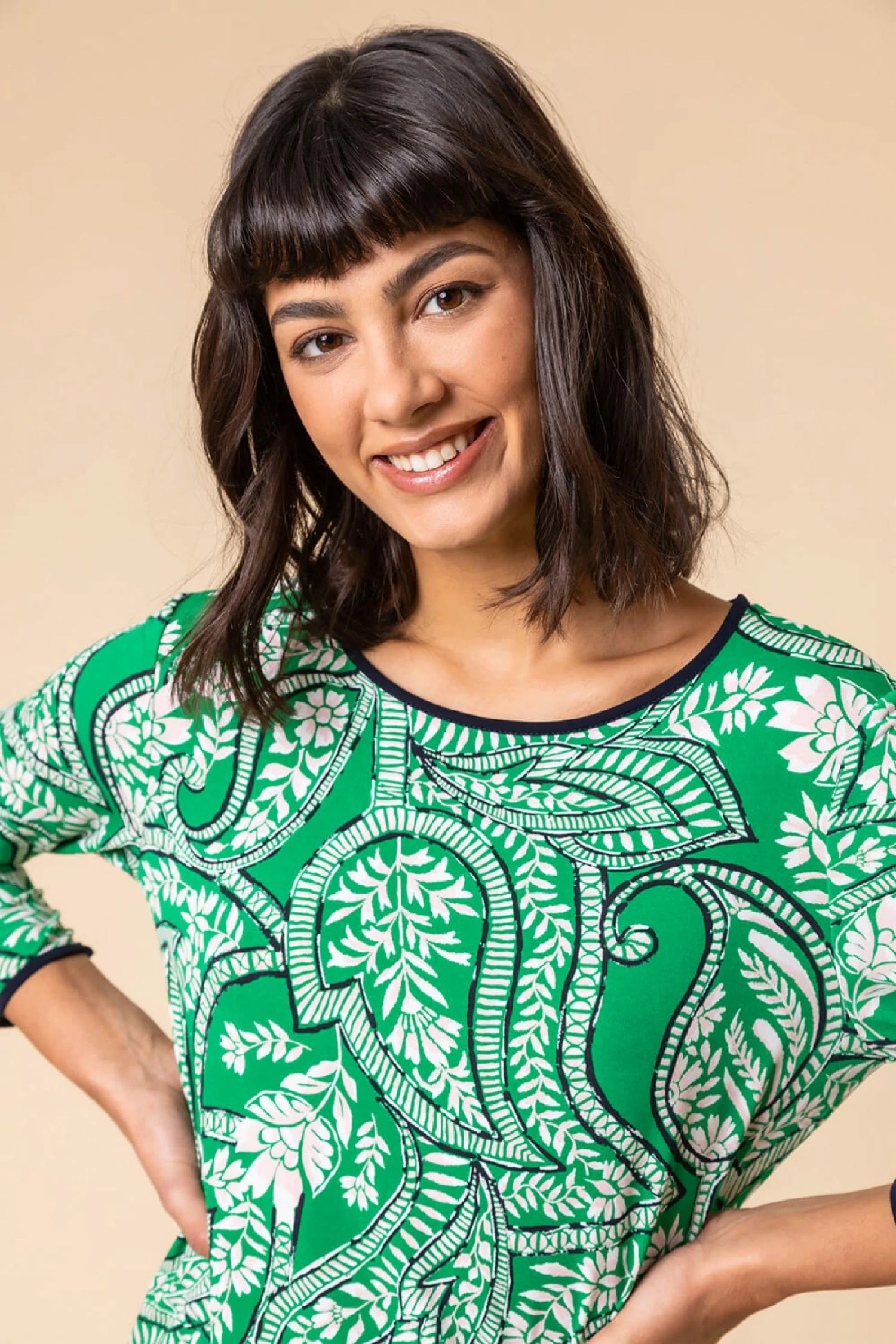 Roman Green Paisley Print Contrast Trim Tunic Top 6 Roman Green Paisley Print Contrast Trim Tunic Top - Image 4