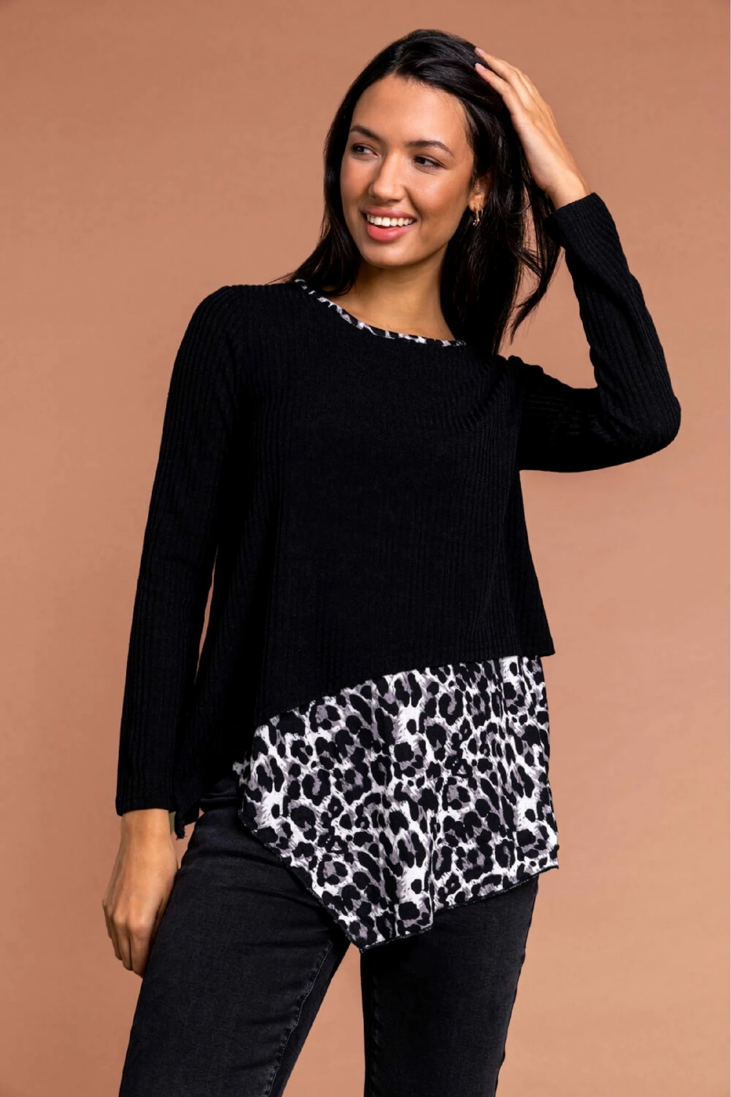 Roman Black Animal Print Contrast Hanky Hem Tunic 3 Roman Black Animal Print Contrast Hanky Hem Tunic