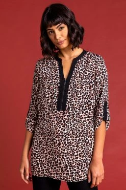 Roman Brown Animal Printed Zip Detail Top